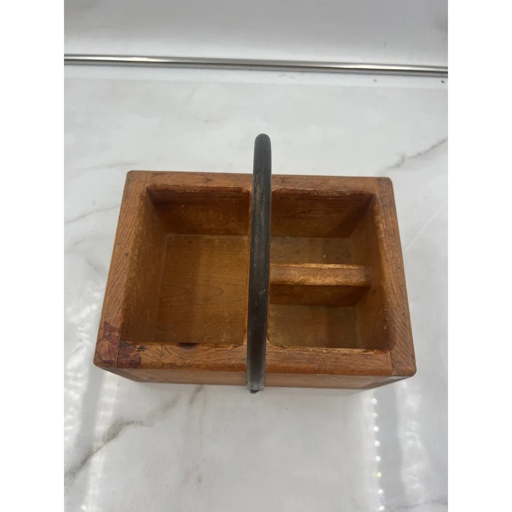 Vintage Rustic Wooden Caddy 3 Compartment Organizer with Metal Handle Farmhouse